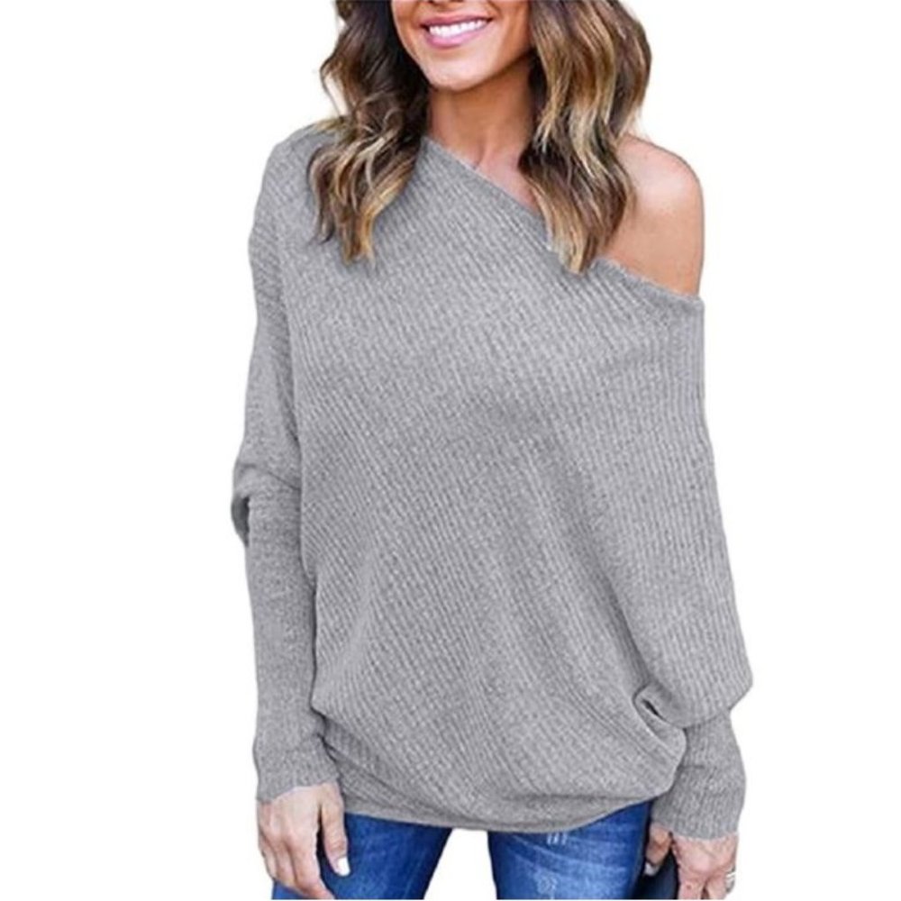 $6    Off Shoulder Long Sleeve Ribbed Knitting Sweater